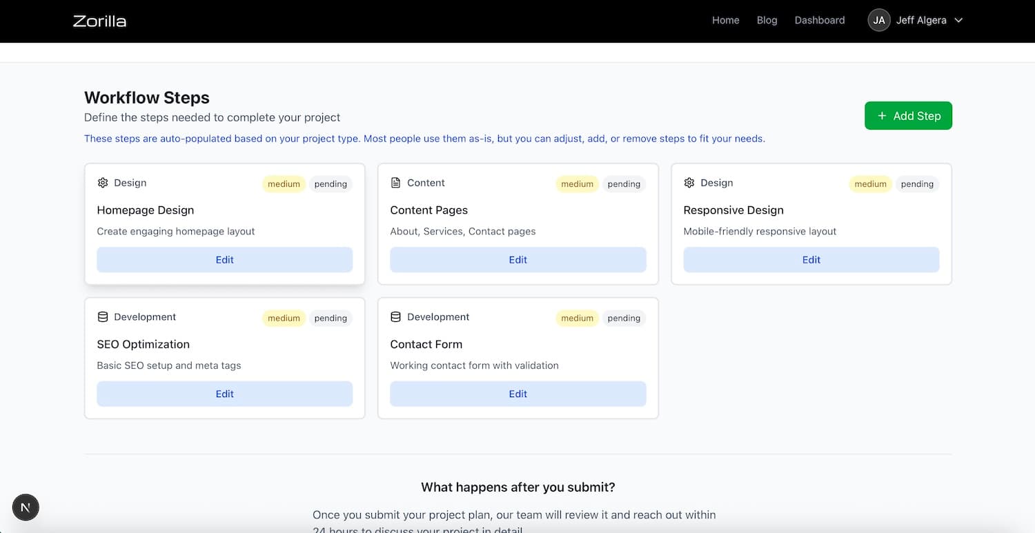 Screenshot of the Zorilla dashboard showing workflow steps